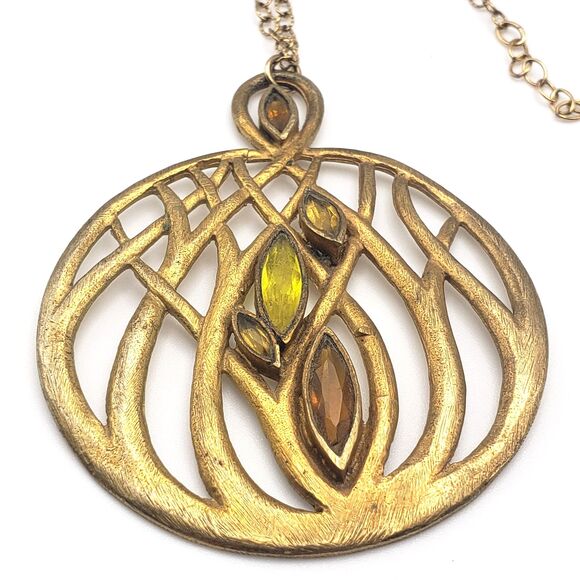Brushed Matte Gold Tone Large Scrollwork Pendant Chain Necklace Boho - Picture 1 of 10